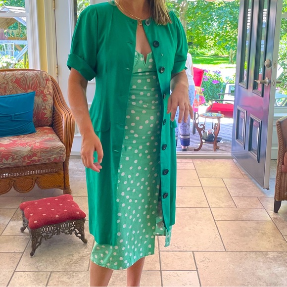 [6 or 8] NIPON Dress vintage Kelly green puffed sleeves black buttons tailored - Picture 3 of 10